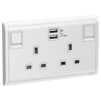 13A Twin Gang Switched Socket with 2.1A USB, White - Schneider Electric