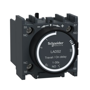 Time delay auxiliary contact block, TeSys Deca, 1NO + 1NC, on delay 1-30s, front, screw clamp terminals - Schneider Electric